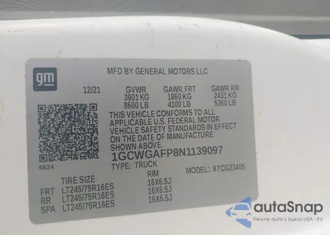 2022 Chevrolet Express Cargo Rwd 2500 Regular Wheelbase Wt from USA, damaged, VIN 1GCWGAFP8N1139097